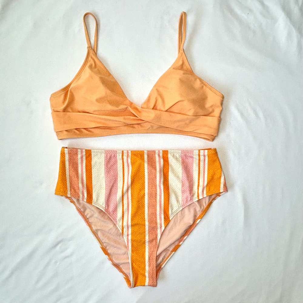 Cupshe Orange Creamsicle Striped High-Waist Bikini Set Size XL